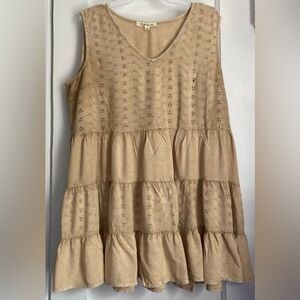 Solitaire Tan Brown Boho Eyelet Tiered Sleeveless Tank Top Shirt, Size: Large